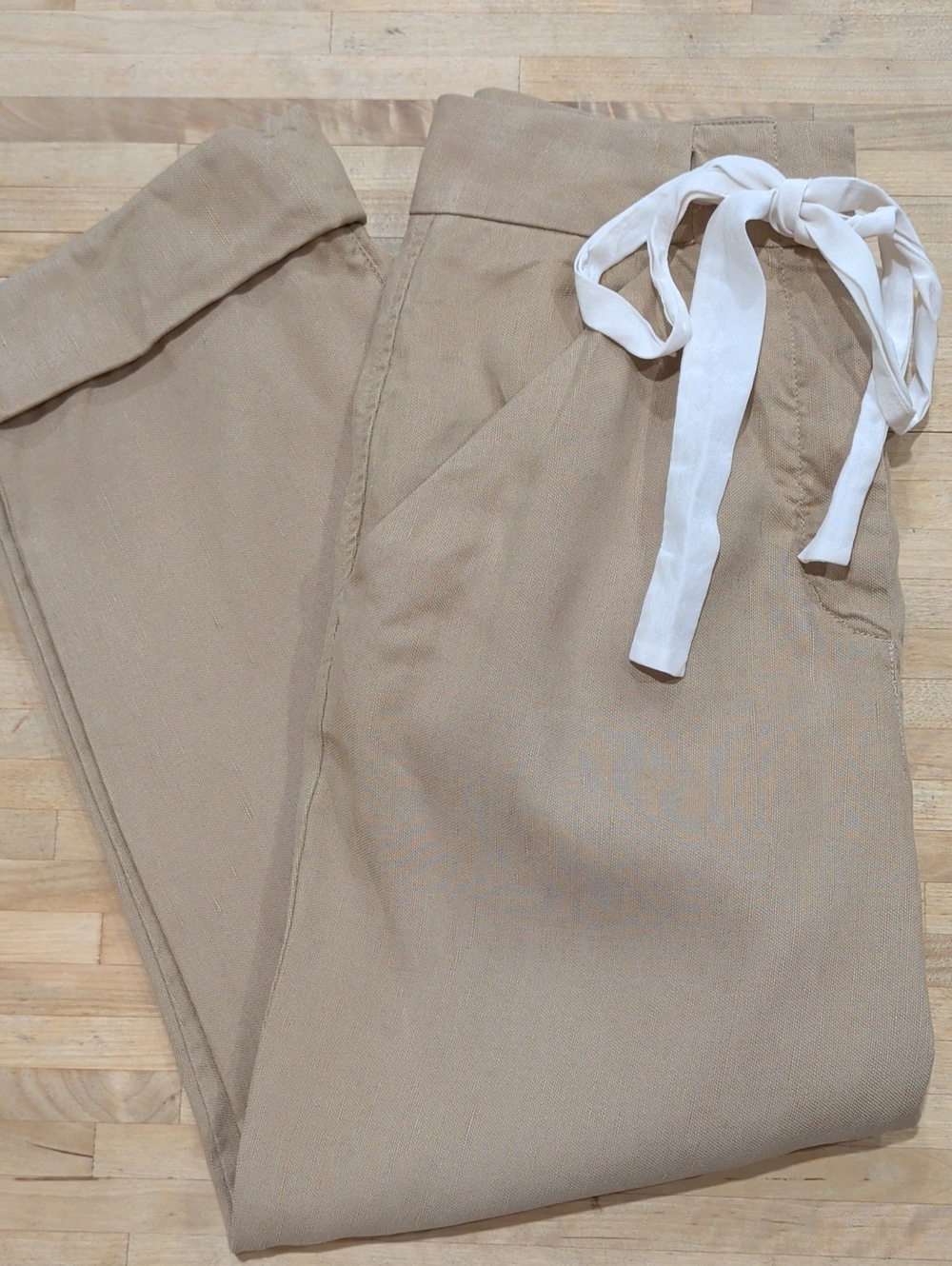 Wilfred Drawstring Linen Blend Pants in Light Tan with White Tie Size 0